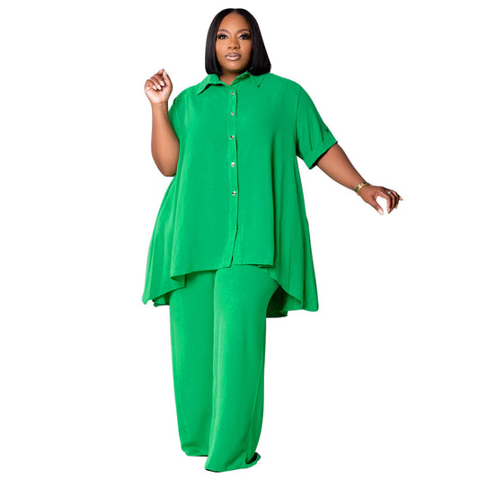 European and American fashion temperament plus size short sleeved top wide leg pants set for women