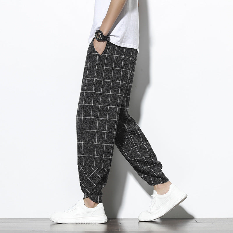Plaid Cotton Linen Nine-Quarter Pants Men Loose Large Size Trendy Casual Cuffed Trousers
