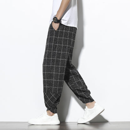 Plaid Cotton Linen Nine-Quarter Pants Men Loose Large Size Trendy Casual Cuffed Trousers