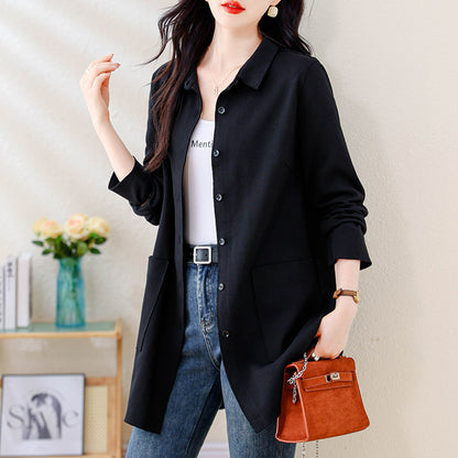 Women's Autumn Mid-Length Shirt Loose Plus Size Belly-Covering Top Black Jacket