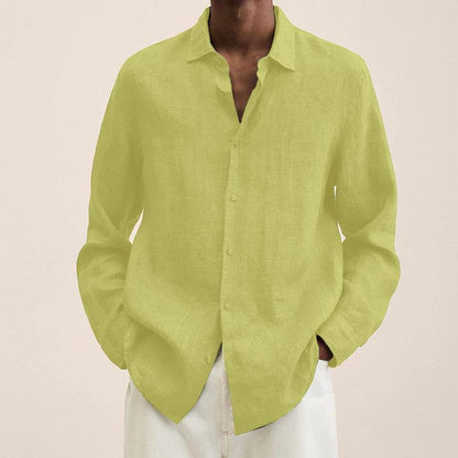 Casual Long Sleeve V-Neck Loose Button-Up Linen Cotton Shirt for Men