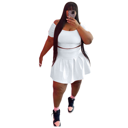 Fashion Women's New Solid Color Pleated Skirt Plus Size Two Piece Set
