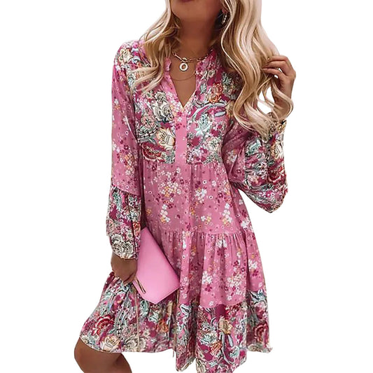 Nature-inspired Women's Plus Size Dress, V-Neck Printed Flared Sleeve Dress