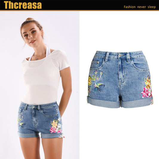 Women's Wide Foot Stretch Shorts Plus Size 3D Heavy Industry Embroidered Flower Denim Shorts