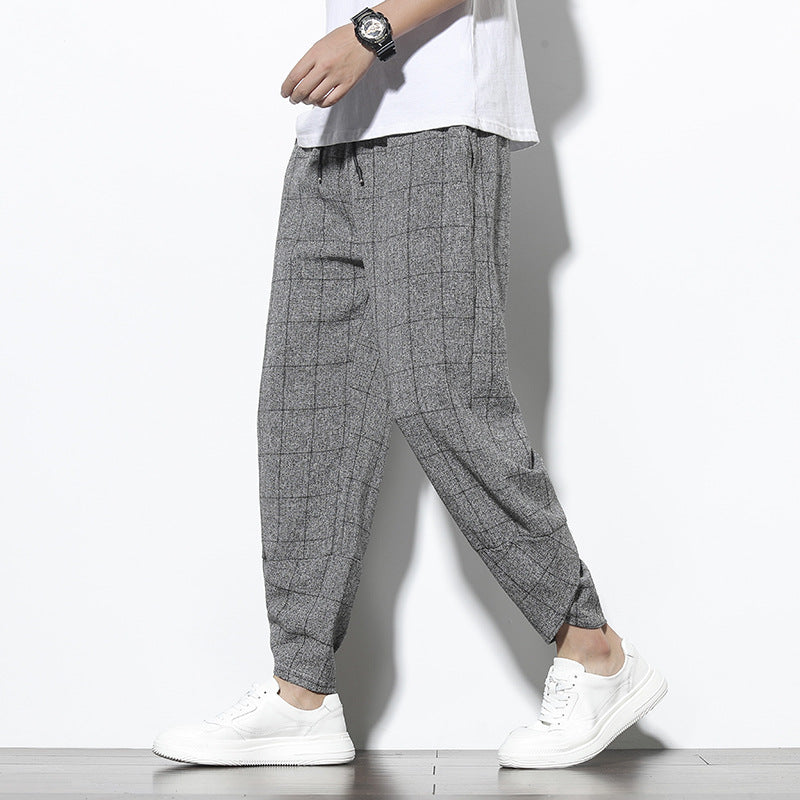 Plaid Cotton Linen Nine-Quarter Pants Men Loose Large Size Trendy Casual Cuffed Trousers