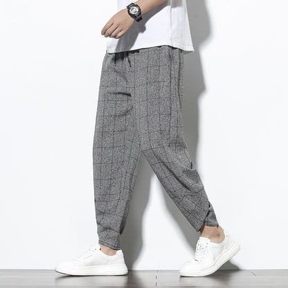 Plaid Cotton Linen Nine-Quarter Pants Men Loose Large Size Trendy Casual Cuffed Trousers