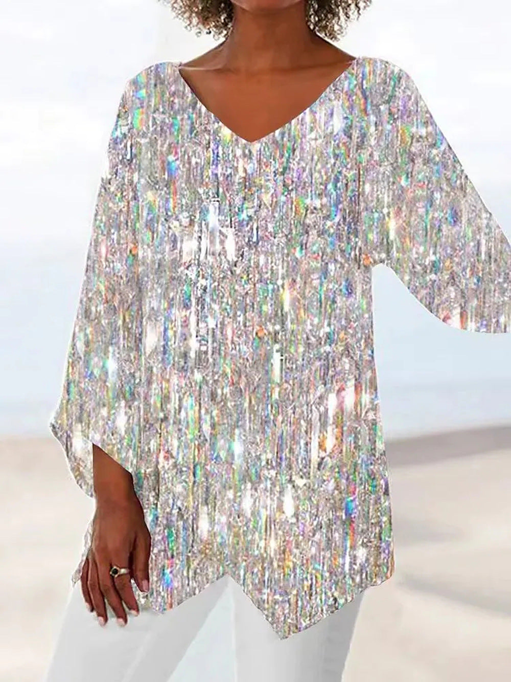 Style Plus Size Women's Summer Casual Loose Irregular Print Long Sleeve V-Neck Top