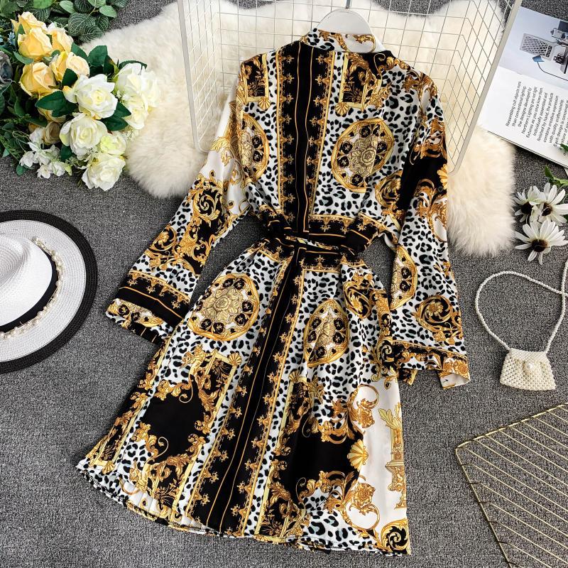 Geometric Picture Print Totem Shirt Lapel Waist Tie Pleated Loose Plus Size Lazy Dress