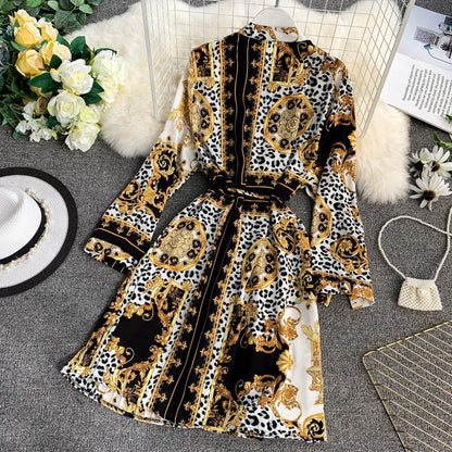 Geometric Picture Print Totem Shirt Lapel Waist Tie Pleated Loose Plus Size Lazy Dress