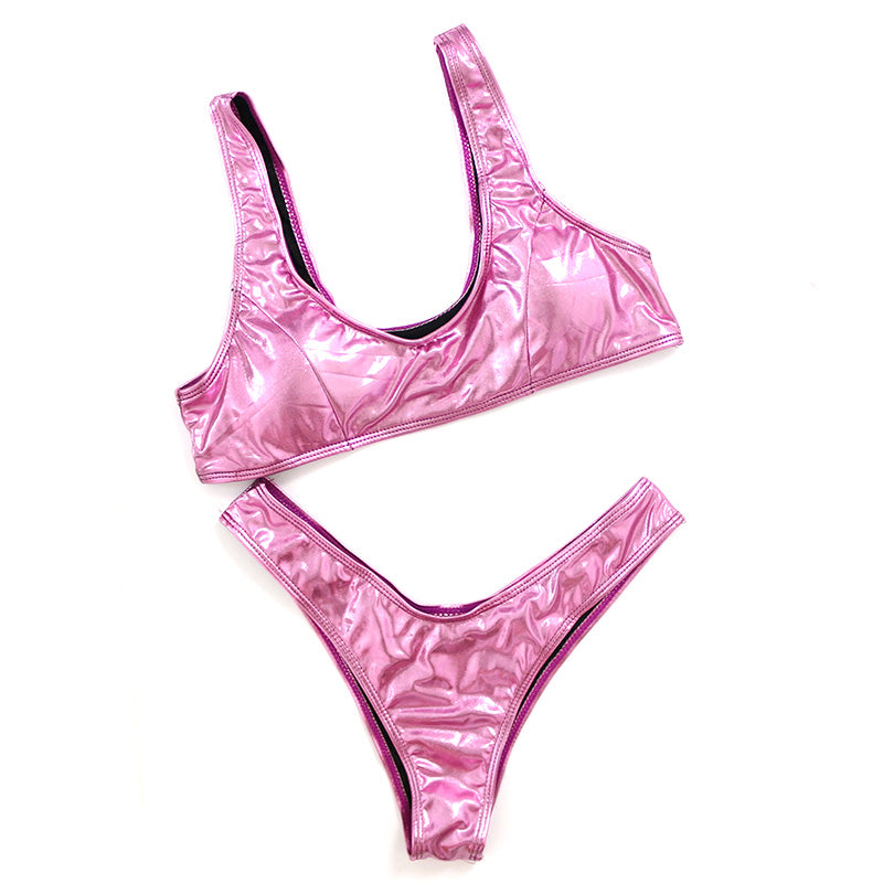 Sexy Shiny Pink/Gold/Silver Metallic Leather Scoop Neck Biquini Bathing Suit Swimsuit Plus Size Swimwear Women Brazilian Bikini