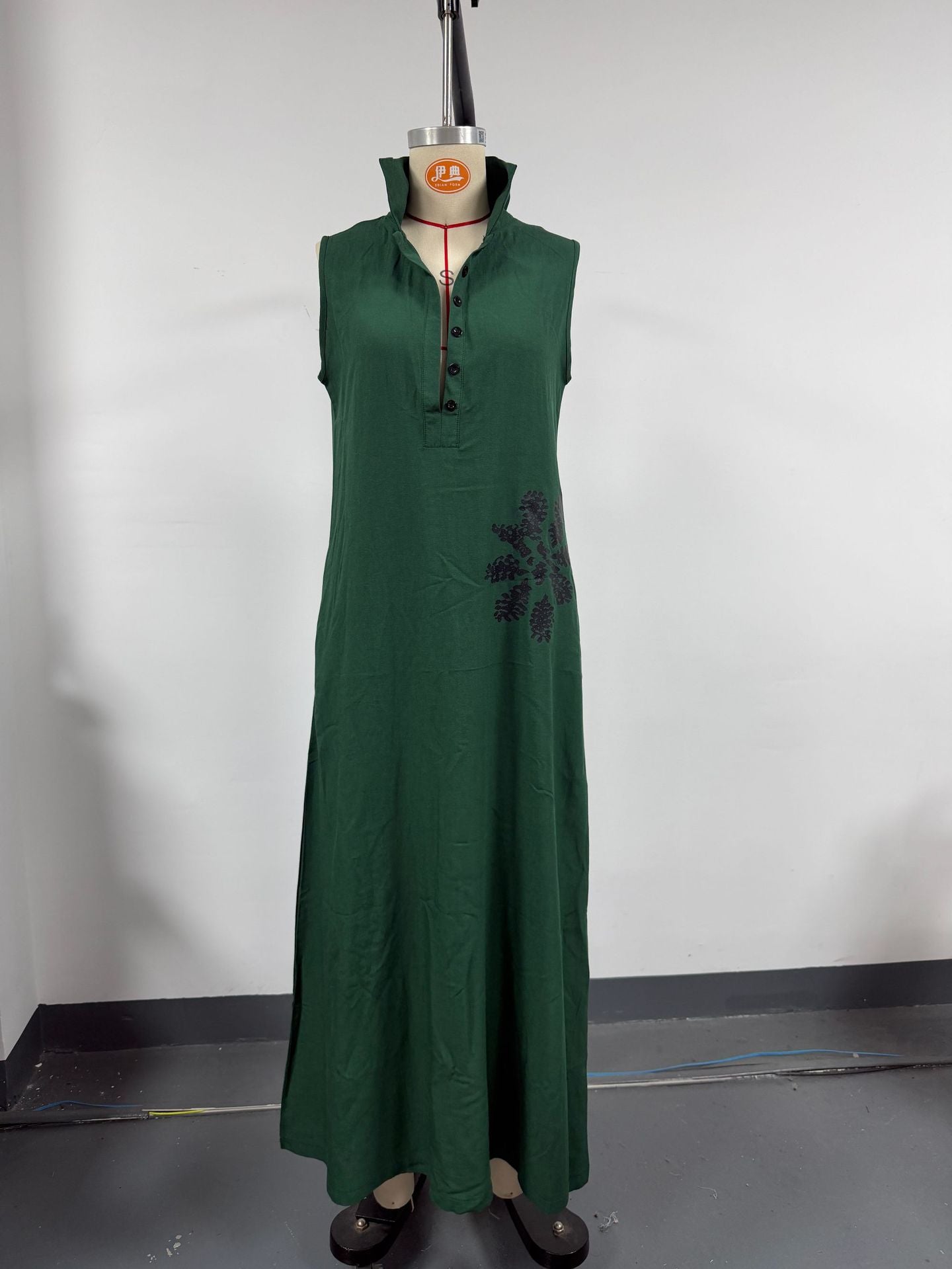 Hot stamping pocket stand collar cotton linen dress