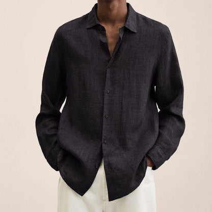 Casual Long Sleeve V-Neck Loose Button-Up Linen Cotton Shirt for Men