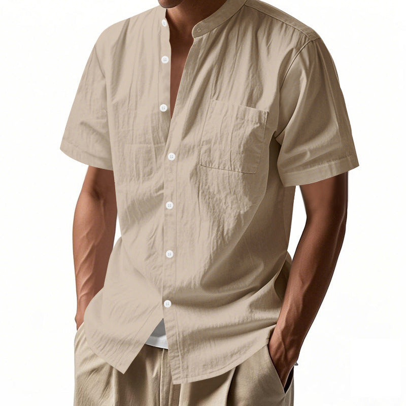 Casual Linen Open-Front Solid Color Stand-Up Collar Short Sleeve Shirt for Men Summer Loose