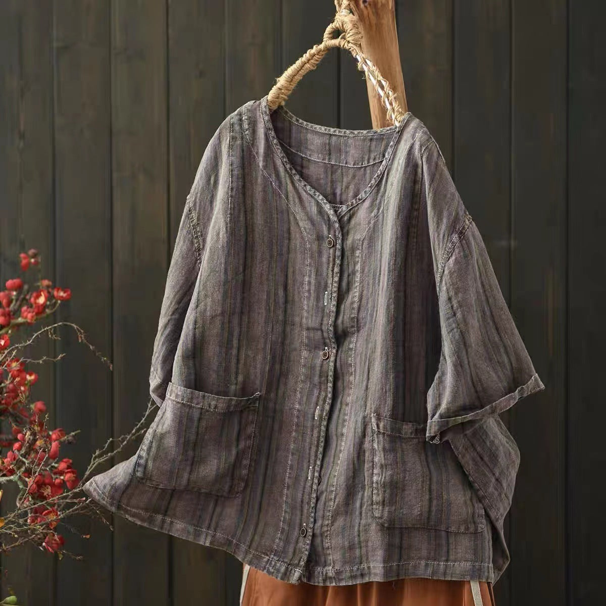 New Literary Linen Dyed Stripe Plus Size Loose Button-Up Shirt Women's Summer Drop Shoulder Short Sleeve Top
