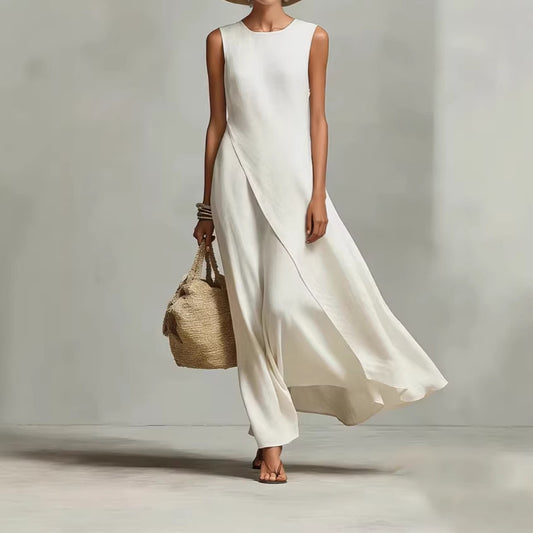 Sleeveless asymmetrical hem cotton linen blend dress