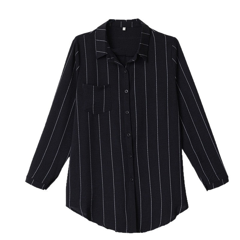 Plus Size New Striped Mid-Length Loose  Version Long Sleeve Slimming Fashion Top for Women