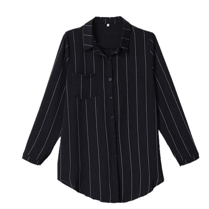 Plus Size New Striped Mid-Length Loose  Version Long Sleeve Slimming Fashion Top for Women