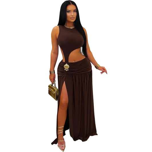 Fashion Women's Sexy Solid Color Sleeveless Crop Open Fork Dress