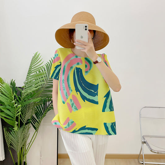 Pleated One Size Print Classic Design Plus Size Slim Top T-Shirt