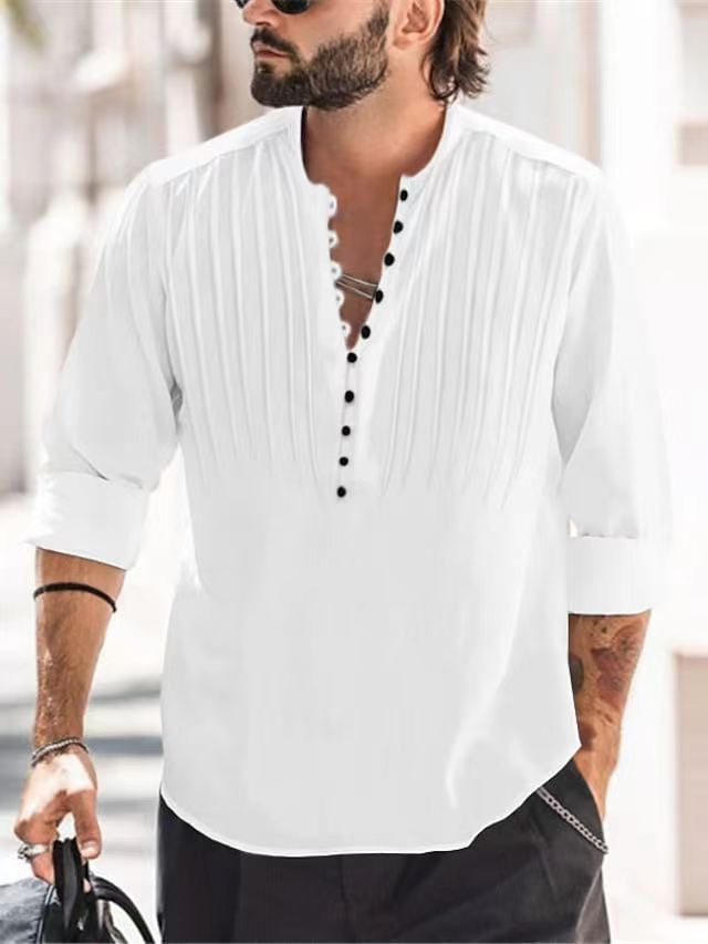 Cotton and linen pleated casual slim fit long sleeved shirt