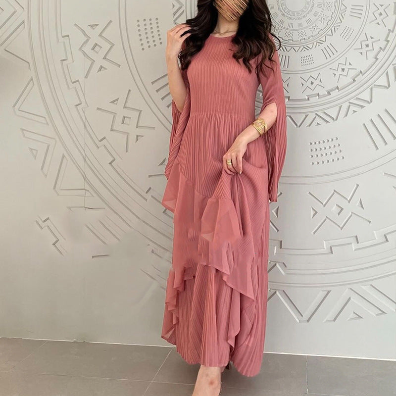 Autumn new plus size women's high-end pleated short sleeved slit solid color dress