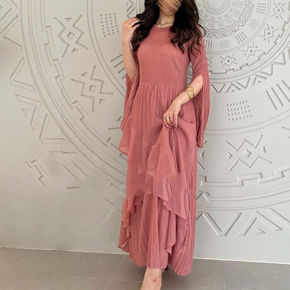 Autumn new plus size women's high-end pleated short sleeved slit solid color dress