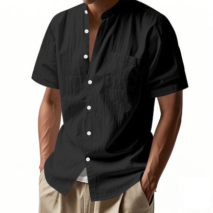 Casual Linen Open-Front Solid Color Stand-Up Collar Short Sleeve Shirt for Men Summer Loose