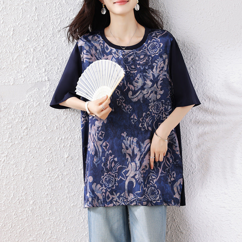 Plus Size Women's Elegant Printed Spliced T-Shirt Loose Short Sleeve Top