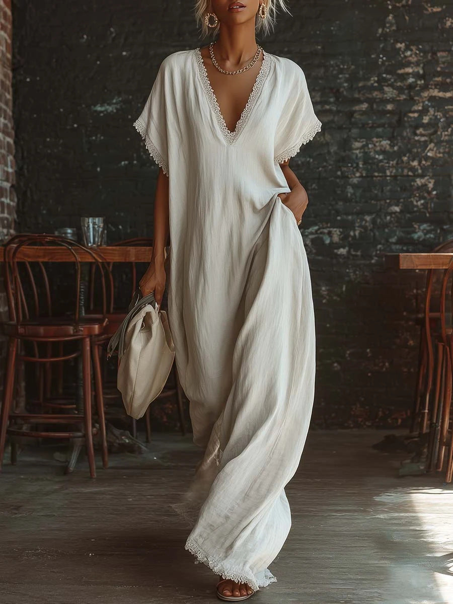 Elegant Casual Loose Linen Cotton Long Dress with Lace Trim
