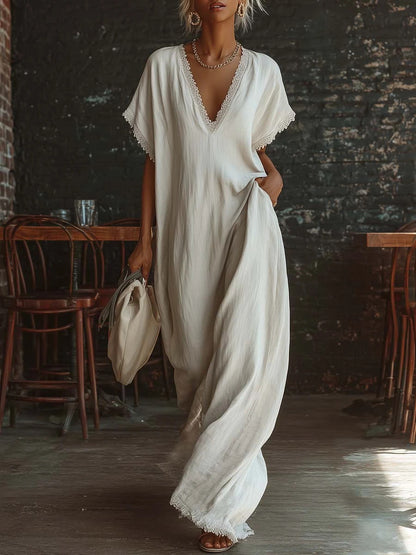 Elegant Casual Loose Linen Cotton Long Dress with Lace Trim