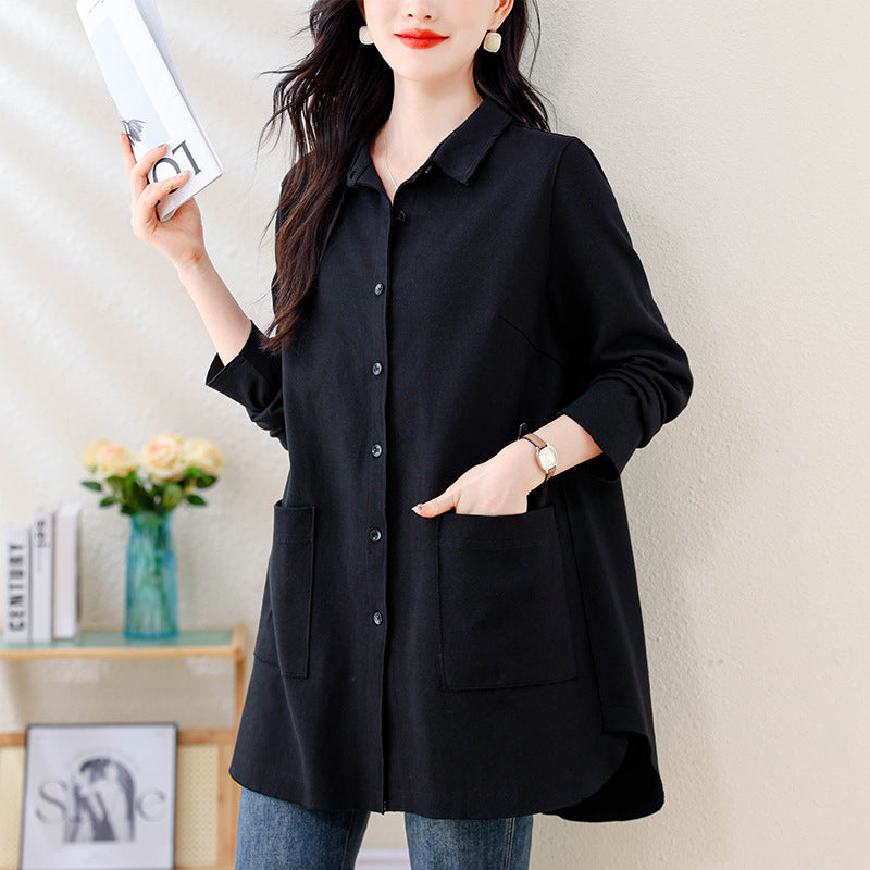 Women's Autumn Mid-Length Shirt Loose Plus Size Belly-Covering Top Black Jacket