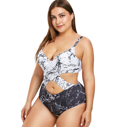 Plus Size Marble Print Monokini Sexy One Piece Swimsuit Women Padded Hollow Out Beach Swimwear Summer Bathing Suit