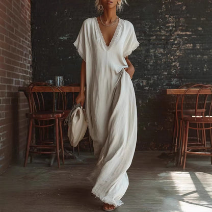 Elegant Casual Loose Linen Cotton Long Dress with Lace Trim