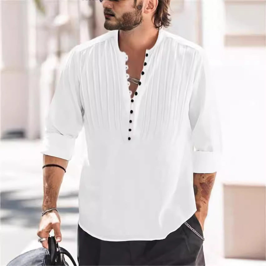 Cotton and linen pleated casual slim fit long sleeved shirt