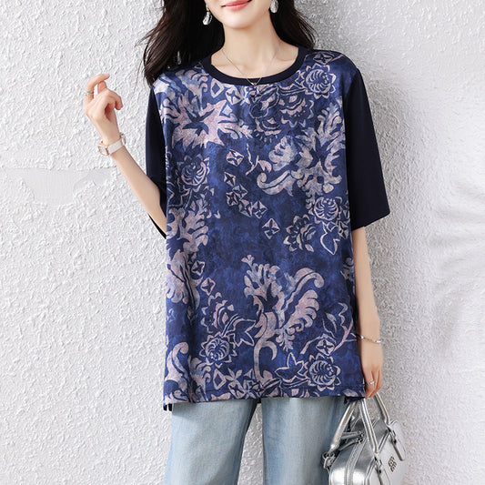 Plus Size Women's Elegant Printed Spliced T-Shirt Loose Short Sleeve Top