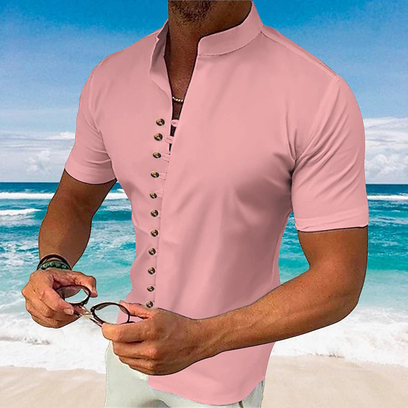 Retro Cotton Linen Casual Loose Short Sleeve Henley Shirt for Men