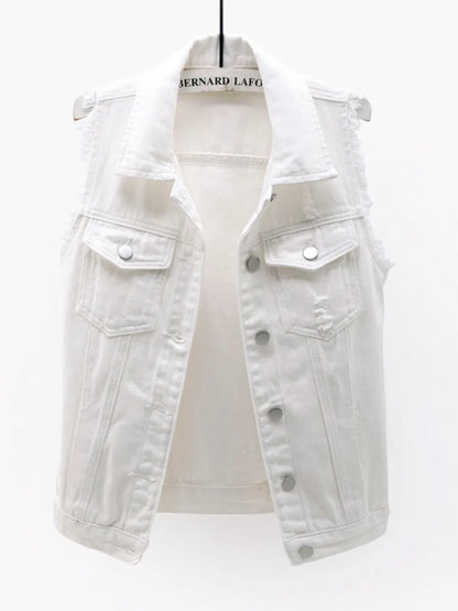 Button Down Raw Hem Sleeveless Denim Jacket Plus Size