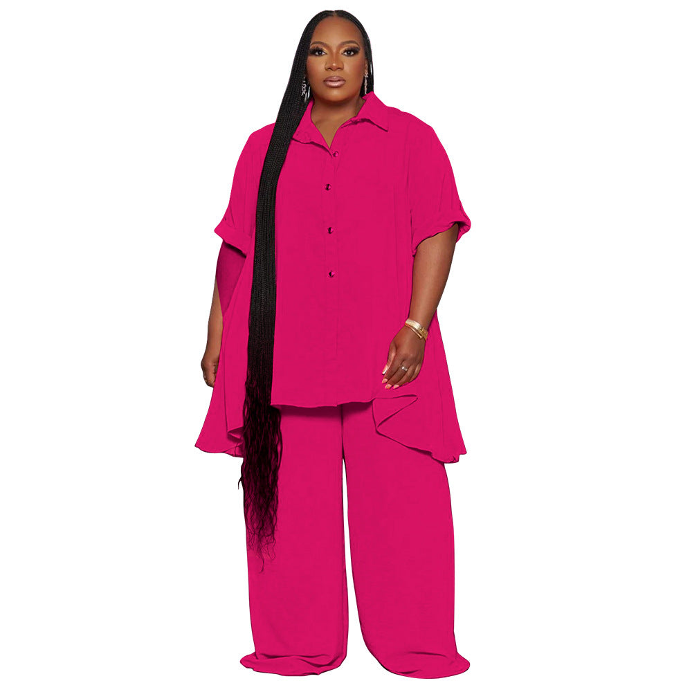 European and American fashion temperament plus size short sleeved top wide leg pants set for women