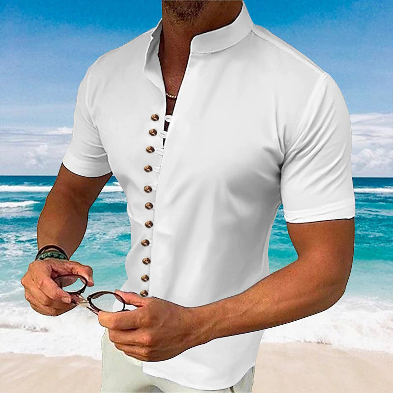 Retro Cotton Linen Casual Loose Short Sleeve Henley Shirt for Men
