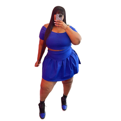 Fashion Women's New Solid Color Pleated Skirt Plus Size Two Piece Set