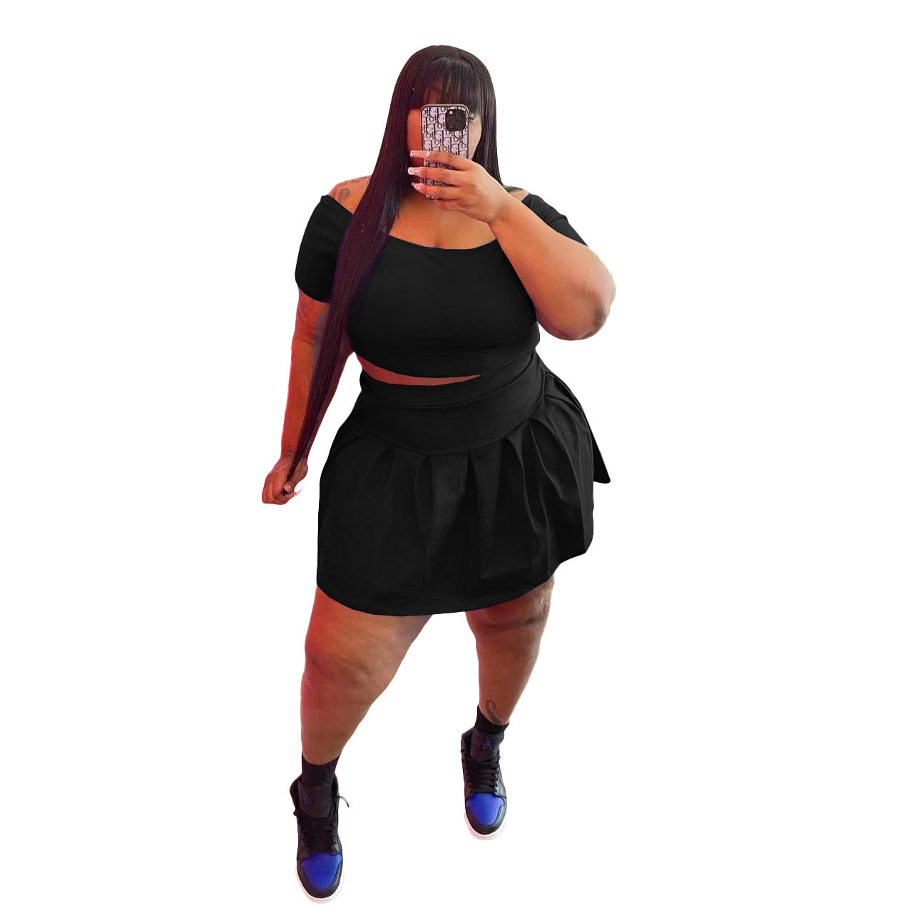 Fashion Women's New Solid Color Pleated Skirt Plus Size Two Piece Set