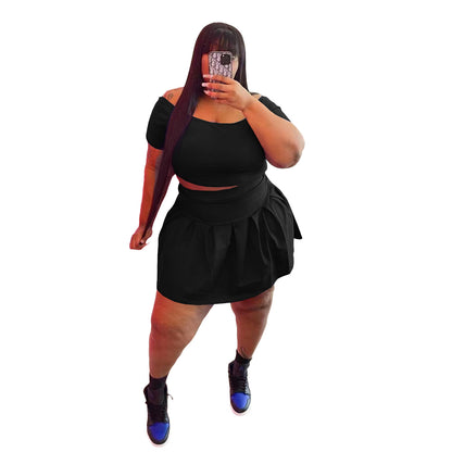 Fashion Women's New Solid Color Pleated Skirt Plus Size Two Piece Set
