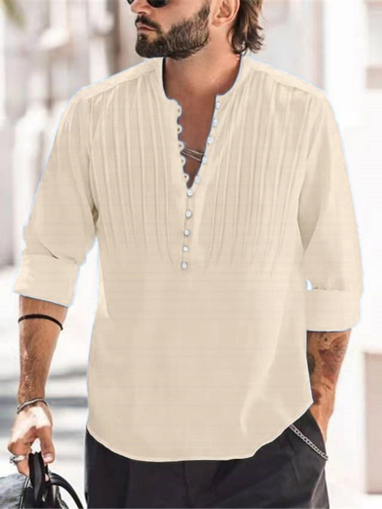 Cotton and linen pleated casual slim fit long sleeved shirt
