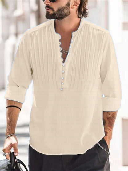 Cotton and linen pleated casual slim fit long sleeved shirt