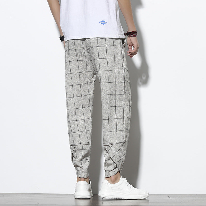 Plaid Cotton Linen Nine-Quarter Pants Men Loose Large Size Trendy Casual Cuffed Trousers