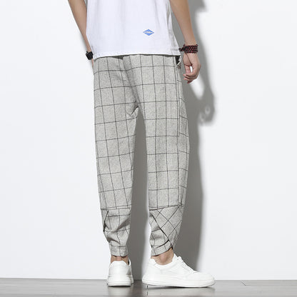 Plaid Cotton Linen Nine-Quarter Pants Men Loose Large Size Trendy Casual Cuffed Trousers