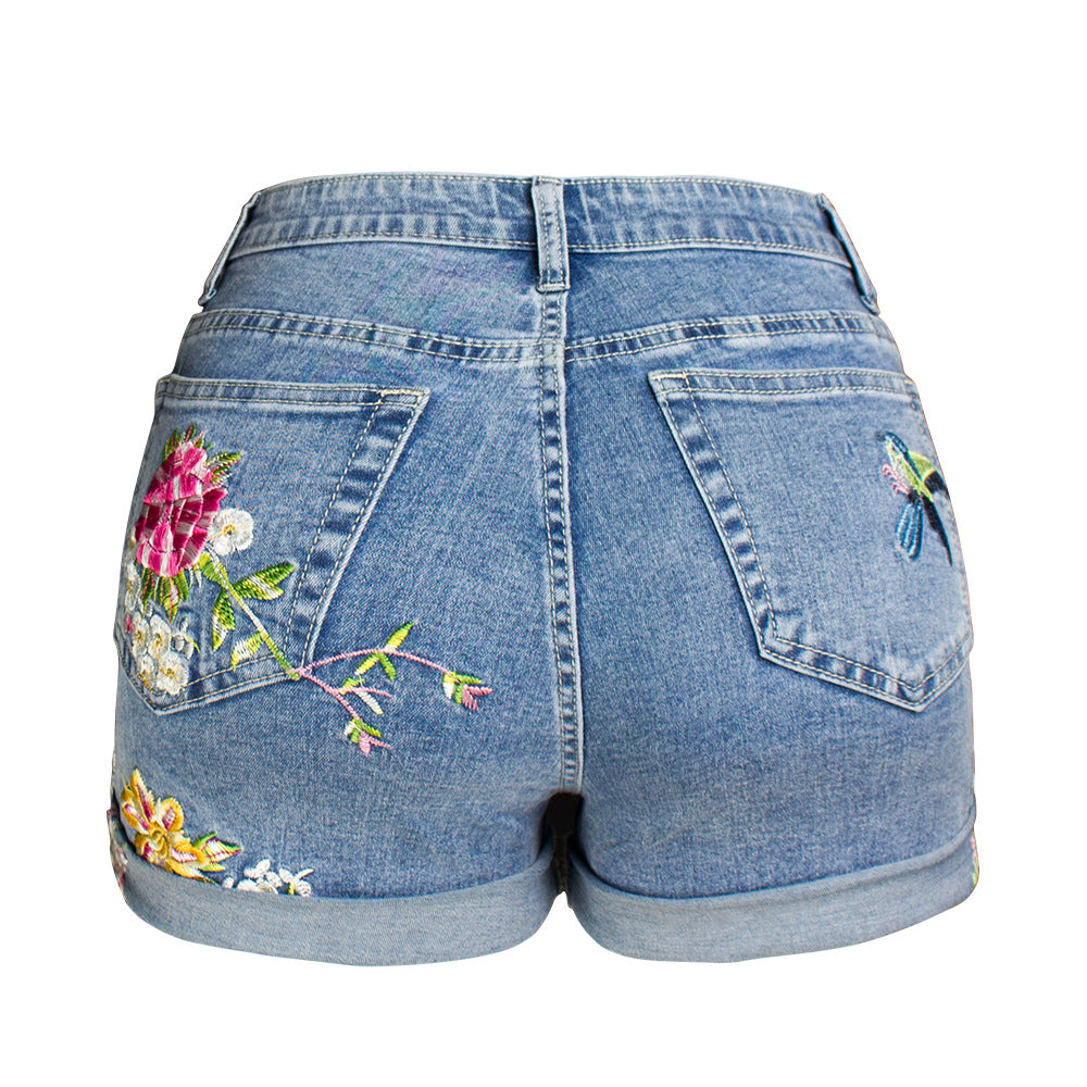 Women's Wide Foot Stretch Shorts Plus Size 3D Heavy Industry Embroidered Flower Denim Shorts