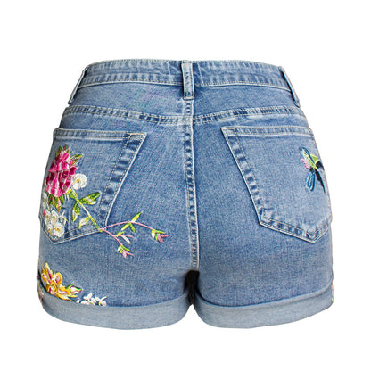 Women's Wide Foot Stretch Shorts Plus Size 3D Heavy Industry Embroidered Flower Denim Shorts