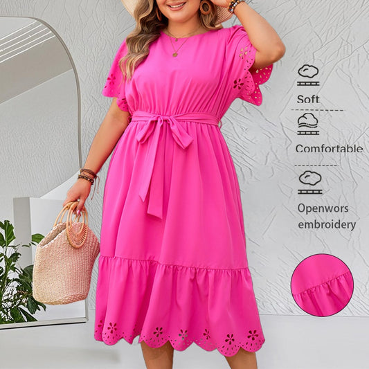 New Plus Size Solid Color Long Dress with Hollow-out Print for Women