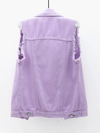 Button Down Raw Hem Sleeveless Denim Jacket Plus Size